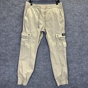 WeSC Cargo Jogger Pants Mens 34x28 Beige Slim Utility Elastic Waist Cuffed